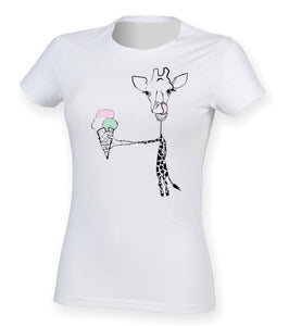 Giraffe with ice cream women t-shirt