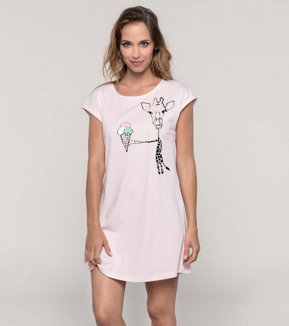 Giraffe with ice cream flowy t-shirt dress, blush pink