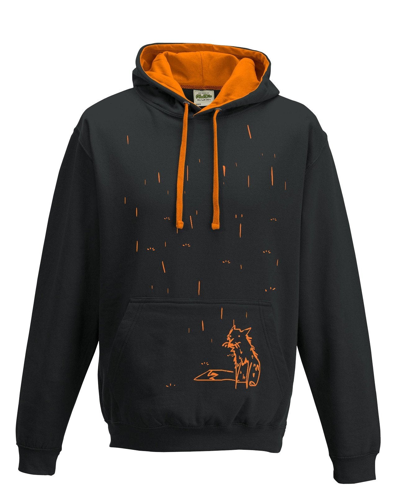 Hoodie - Fox In The Rain Hoodie, Black/orange