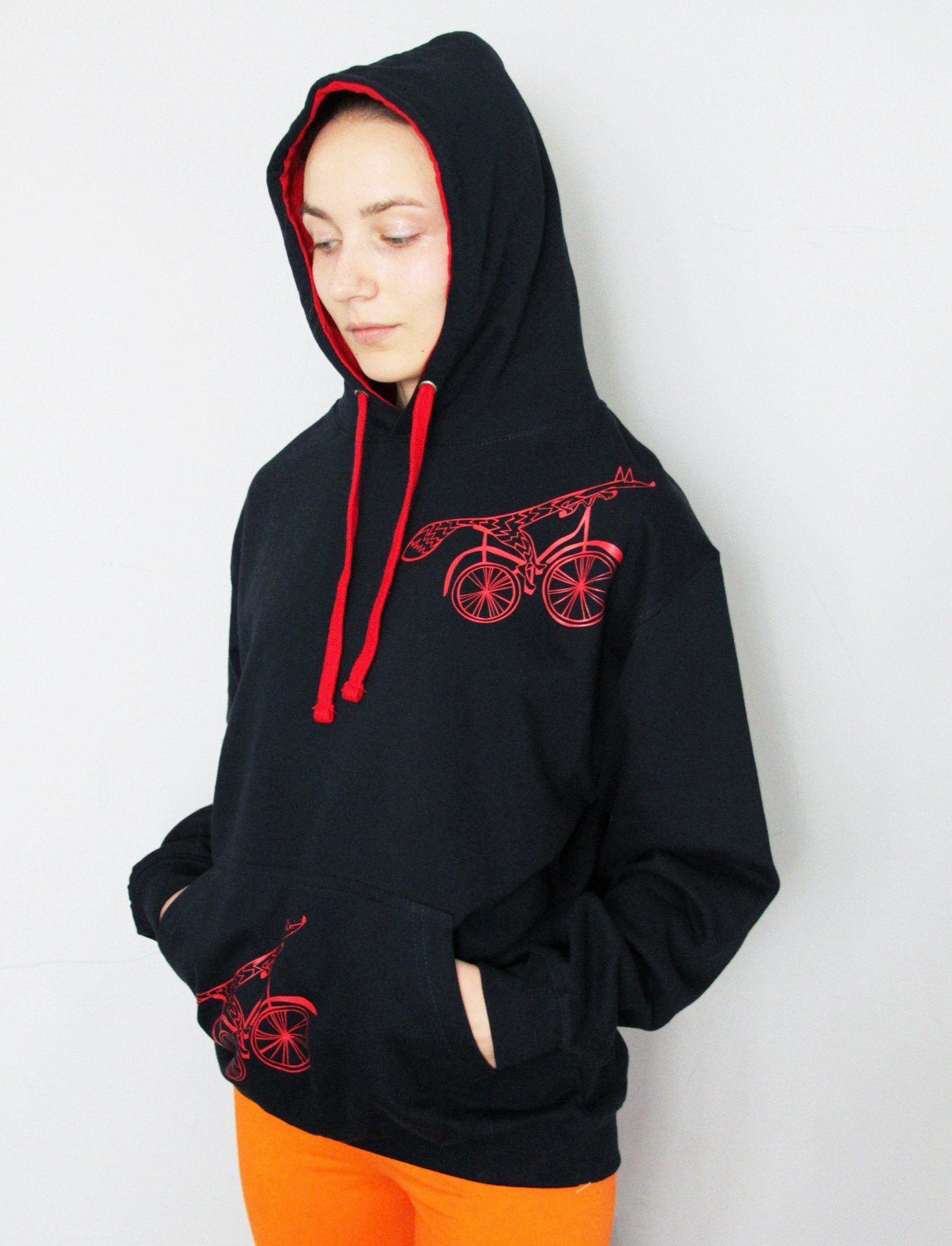 Hoodie - Fox On A Bike Hoodie With Pocket, French Navy/Fire Red