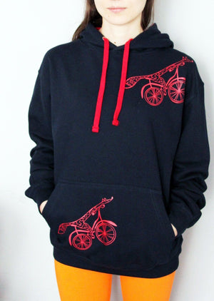 Hoodie - Fox On A Bike Hoodie With Pocket, French Navy/Fire Red