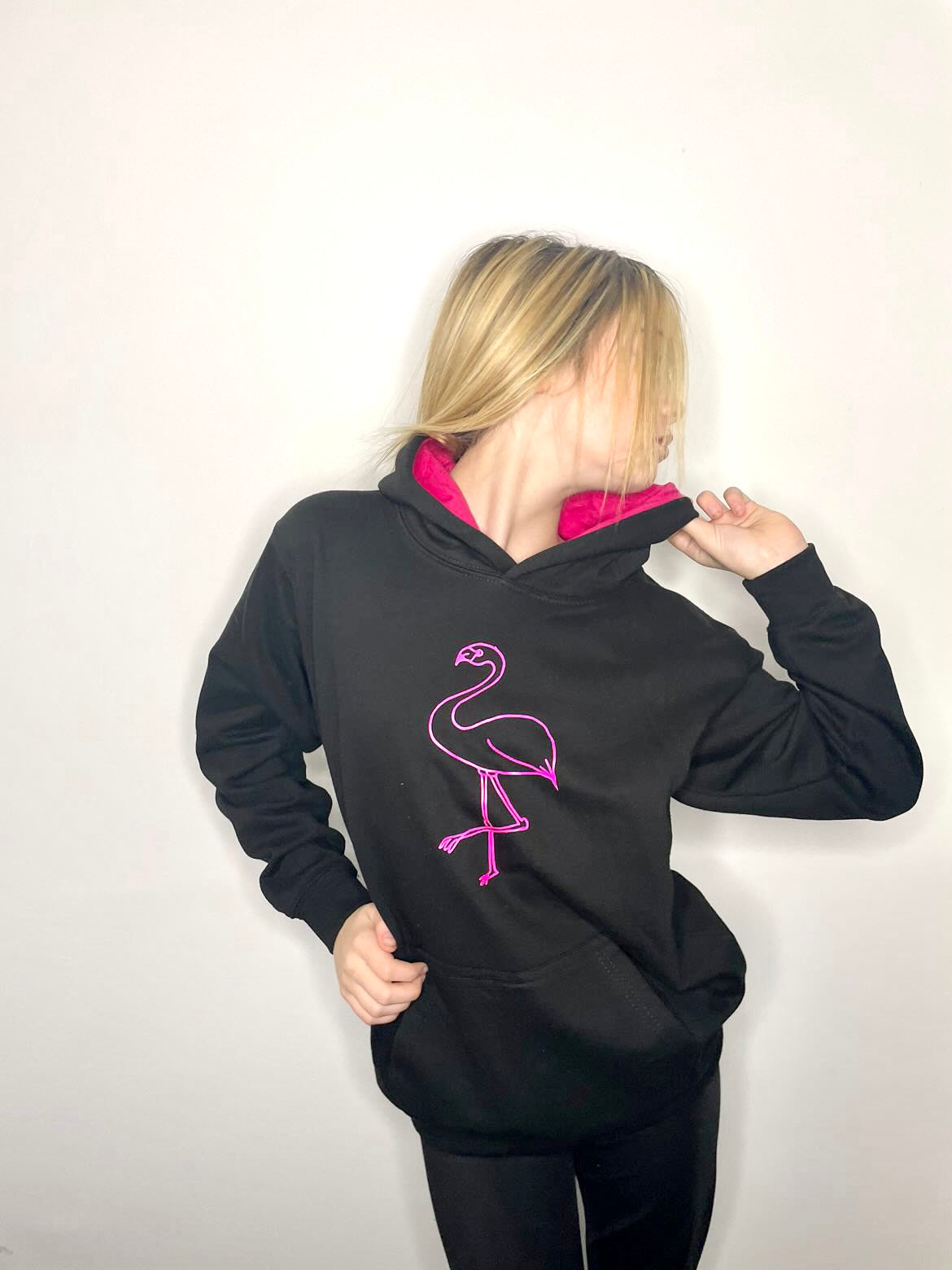 Kids Flamingo hoodie, black/hot pink