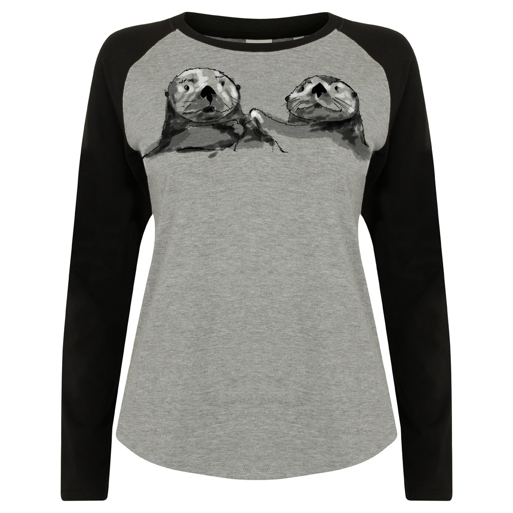 Otters holding hands raglan women shirt