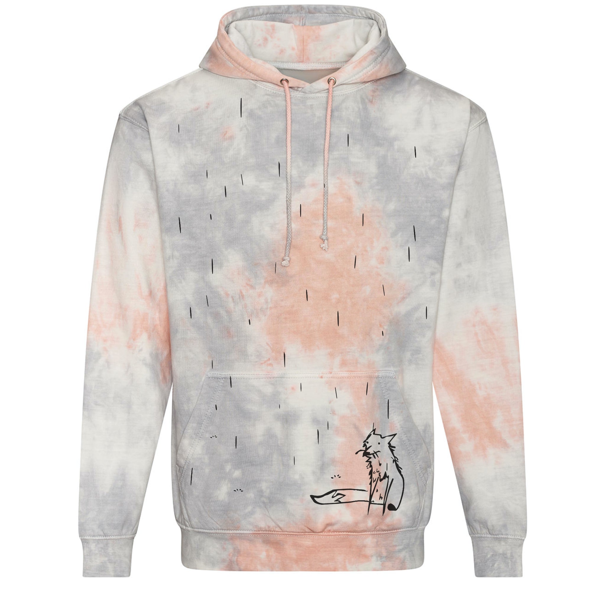 Tie dye hoodie, fox in the rain